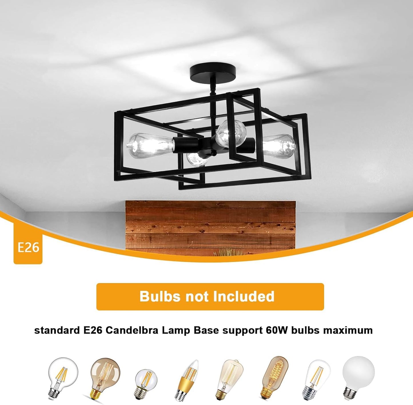 4-Light LED Ceiling Light Industrial Black Farmhouse, Semi Flush Mount Ceiling Light, Lighting for Dining Room Kitchen Hallway Island
