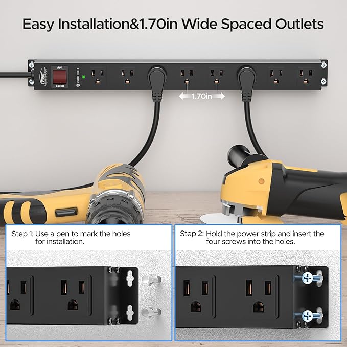 CRST 8 Outlet Metal Heavy Duty Power Strip, 2100J Surge Protector, 6FT Cord - Image 4