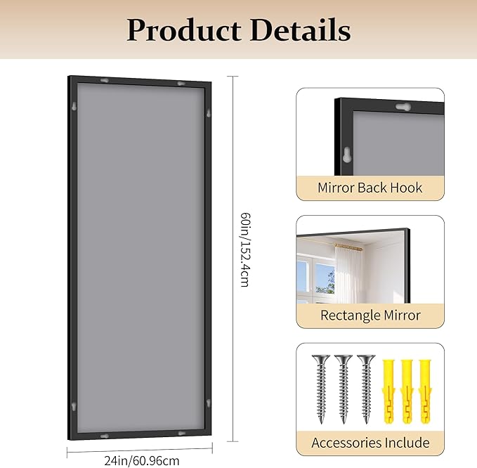 Black Bathroom Mirror for Wall, 24x60 Inch Rectangle Mirror - Image 4