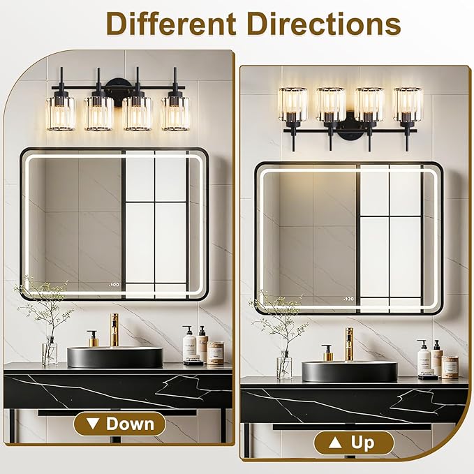 EJIAXIN 4 Light Round Crystal Vanity Lights, Modern Black Crystal Wall Light - Image 6
