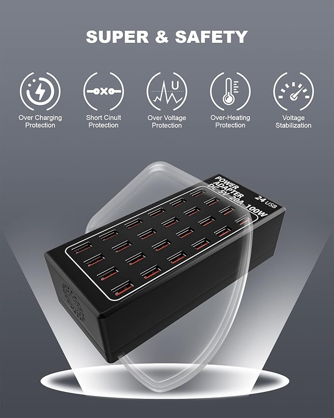 24-Port 100 watt USB Charging Station, Travel Desktop USB Rapid Charger - Image 4