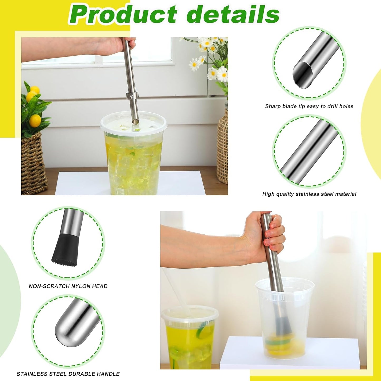 Honeydak 3 Pcs Straw Hole Puncher Muddler, Lemonade Punch Tool Set, 6.3Inch | 304 Stainless Steel Build, Perfect for Plastic Lids Boba Cups, Lemonade Stand Supplies, Stir Spoon & Cleaning Brush Included