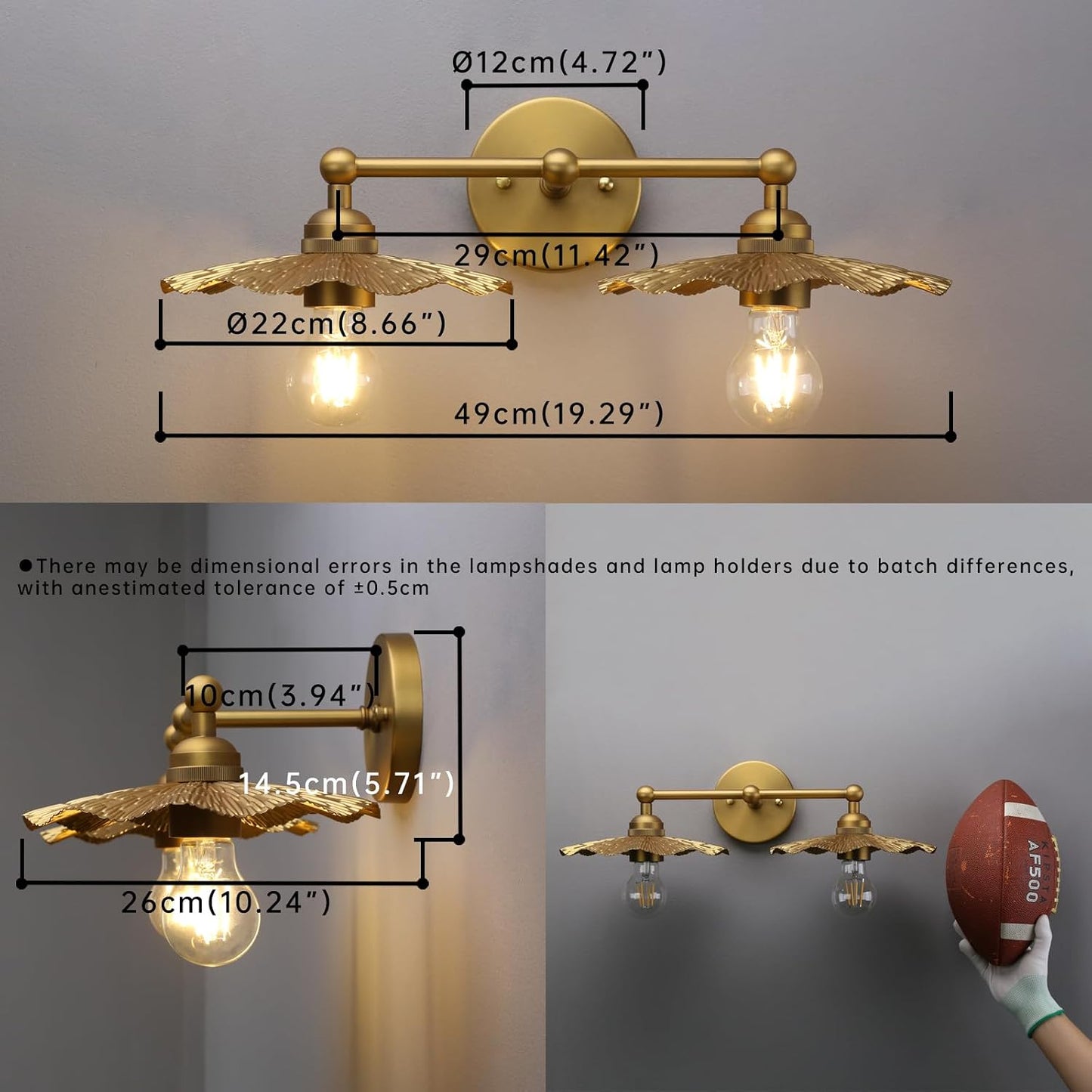 2-Lights Industrial Metal Wall Sconces, Antique Brass Flower Rippled Shade Wall Light Fixture for Bathroom Vanity, Bedroom, Dining Room, Living Room, Farmhouse, Stairs, Hallway