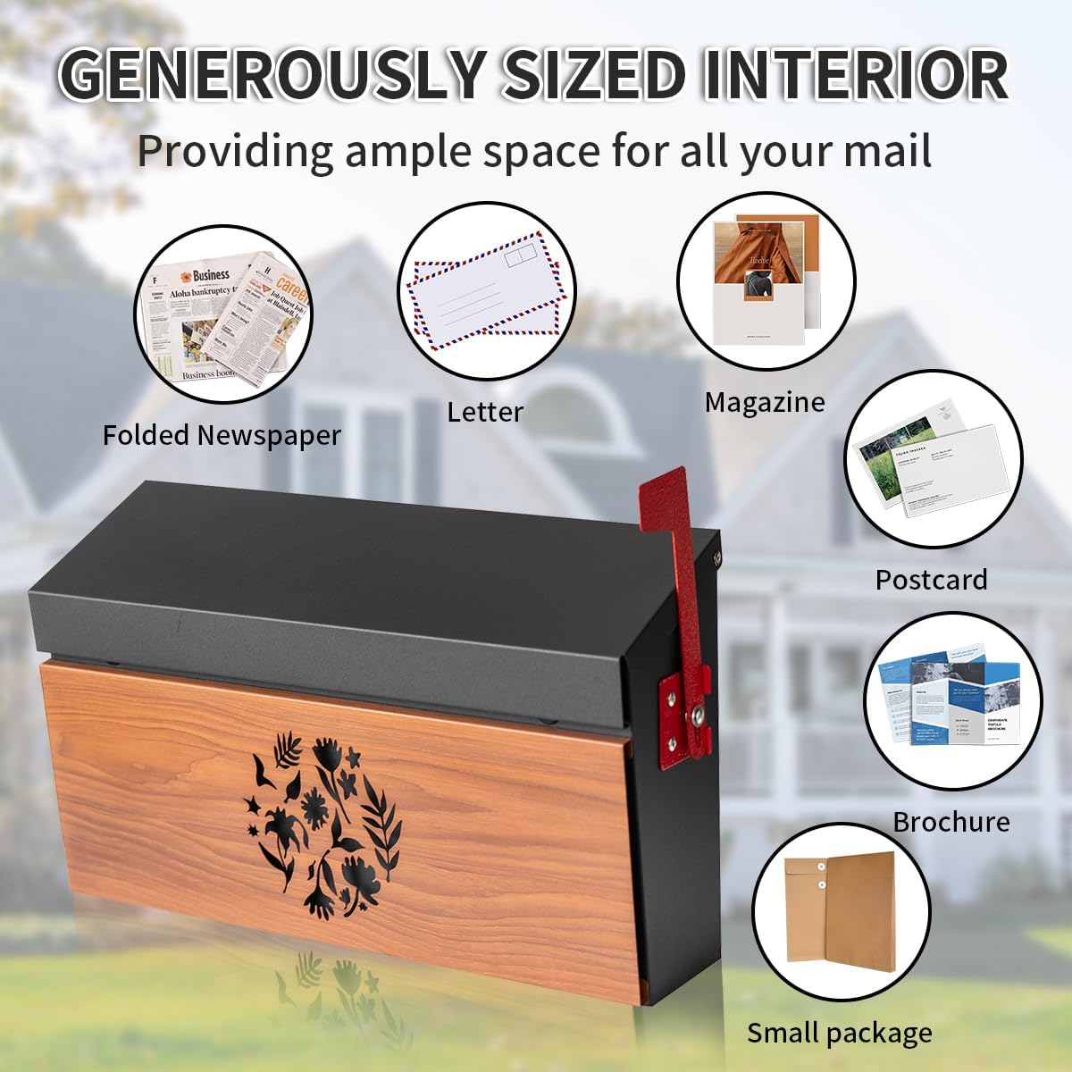 Ydocabinit Wall Mount Mailbox, Large Capacity Mailbox for House Outside with Flag Kit Galvanized Steel Rust-Proof Metal Post Drop Box, 15.74"×9.84"×4.33" Flower Hollowed Wooden Patterned Metal Sheet