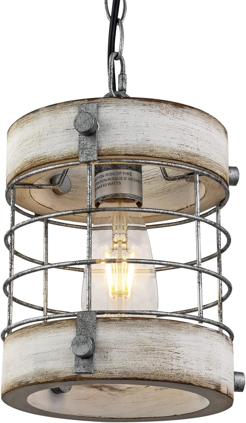 Retro Industrial Metal and Wood Chandelier 1-Light Round Cage Pendant Light Fixture for Kitchen Island Foyer Hallway Bar Dining Room Restaurant, D 7.9" x H 8.7" (White)
