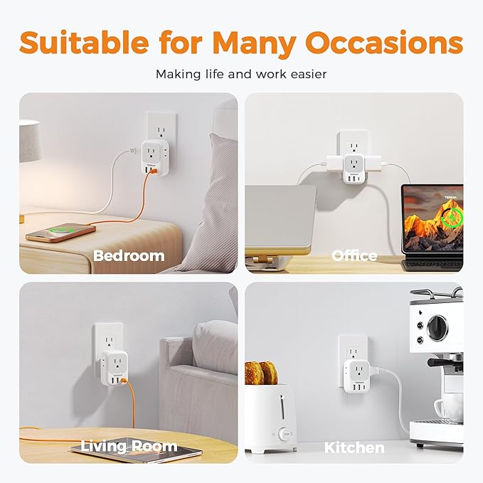 USB Wall Charger, Wall Plug Adapter Outlet Extender, TESSAN 3 Charger Block - Image 5