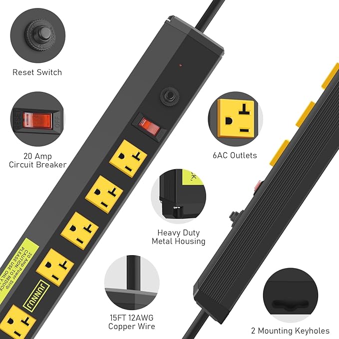 JUNNUJ Heavy Duty Metal Power Strip 20 Amp, High Amp Surge Protector 6 Outlet - Image 2