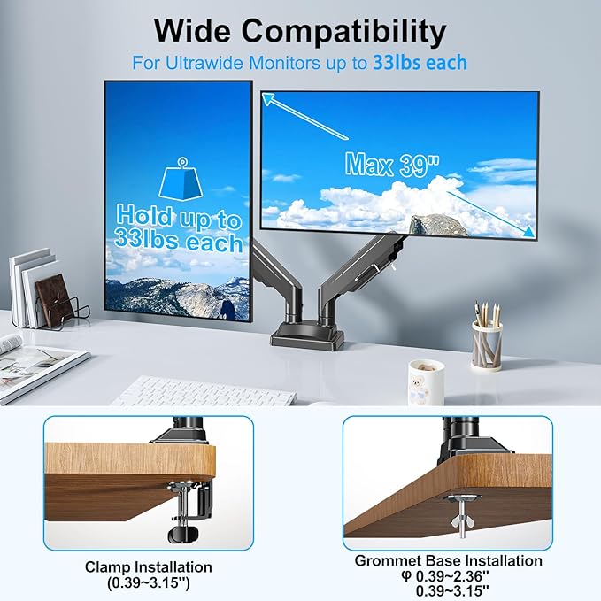 ErgoFocus Dual Monitor Mount for Screens up to 43", Heavy Duty Ultrawide Dual - Image 2