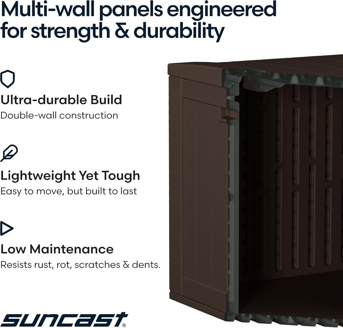 suncast 134-gal. resin extra-large outdoor patio deck box on a desk or shelf