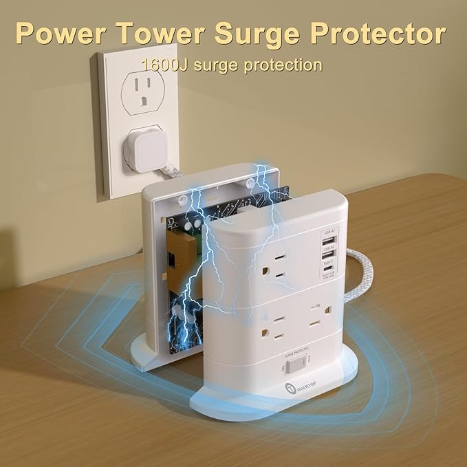 Overtop Tower Power Strip with Surge Protection, Nightlight Flat Plug Power - Image 7