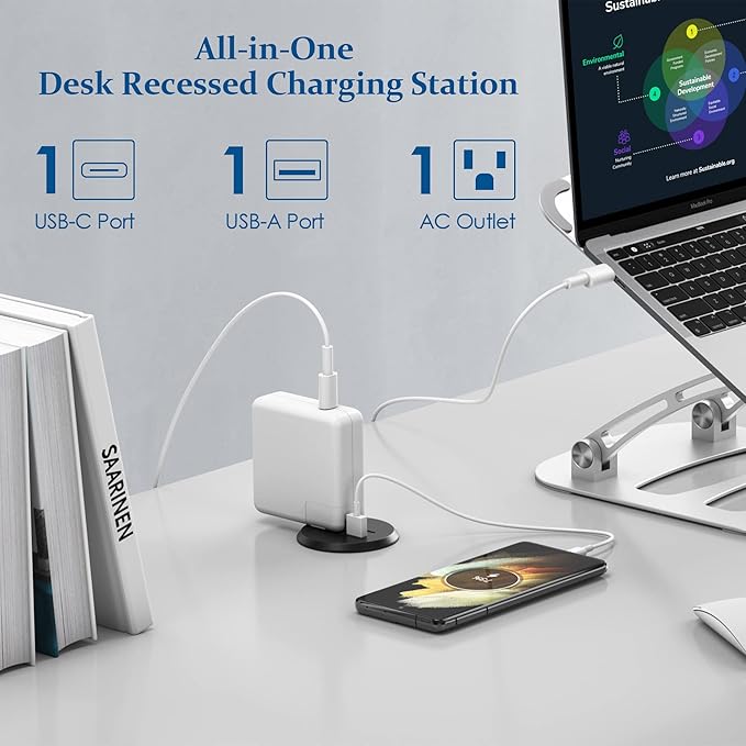 Desktop Power Grommet, 2 inch, USB C PD 20W Fast Charging Station, Desk Hole - Image 2