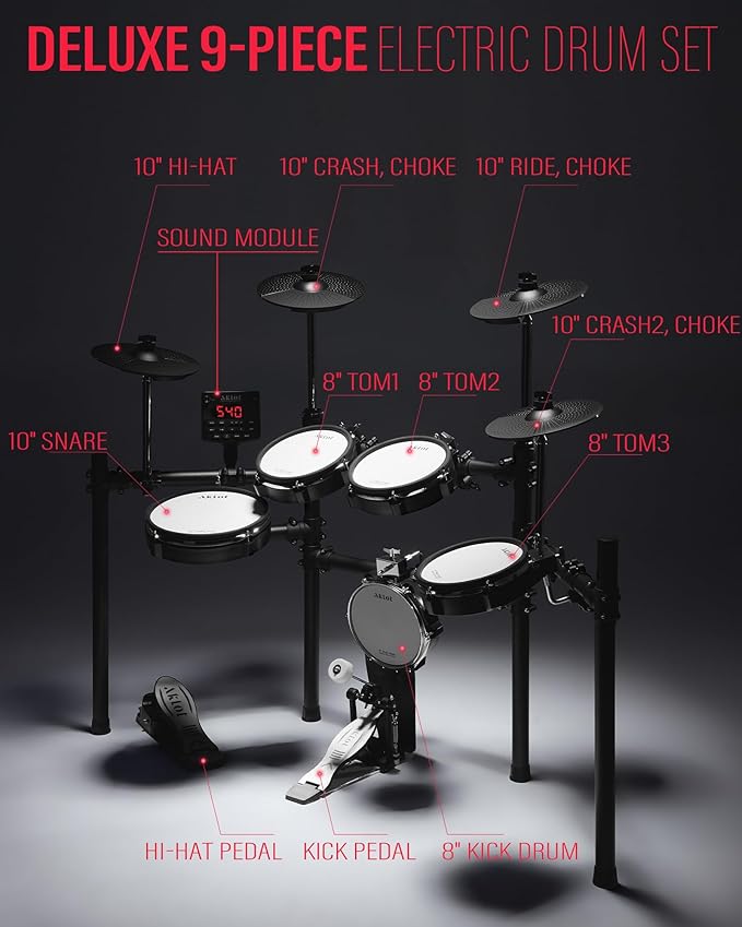 AKLOT Electric Drum Set with Kick-Tower: 4 Dual Zone Mesh Pads, 8’’ Tower-Style - Image 9