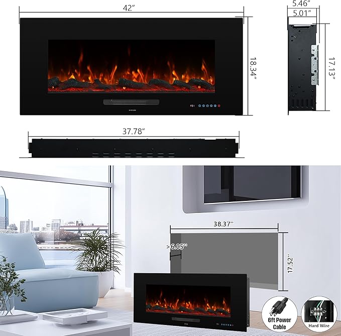 42" Electric Fireplace Inserts, Recessed & Wall Mounted Fireplace Heater - Image 6