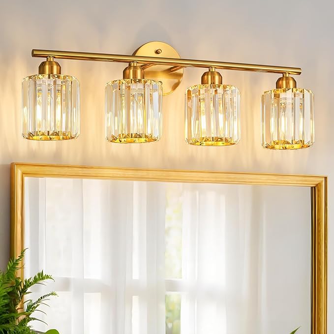 FDPBY Modern 4 Light Crystal Vanity Light, Brushed Gold Vertical Bathroom Light by FDPBY
