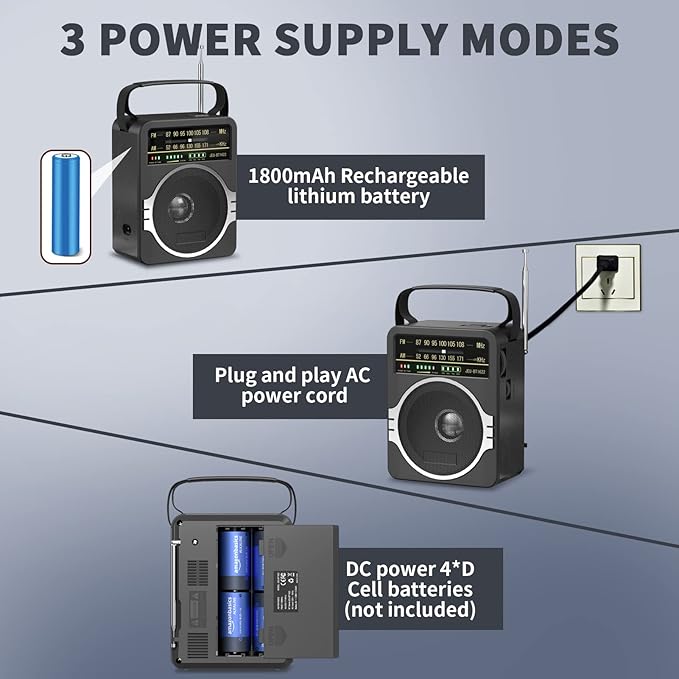JEUJUG Portable AM FM Radio, FM Radio Built-in Rechargeable Battery/DC D*4 Cell - Image 4