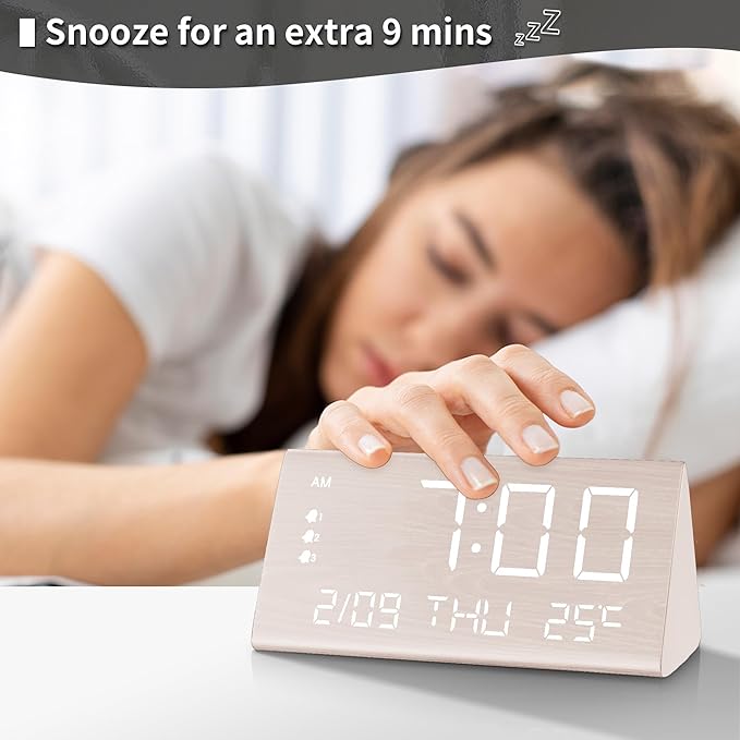 JALL Digital Alarm Clock, with Wooden Electronic LED Time Display, 3 Alarm - Image 3