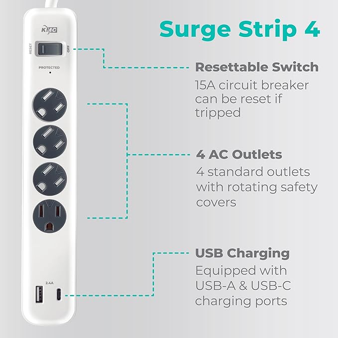 KMC 4-Outlet Surge Protector Power Strip, 1 USB-A & 1 USB-C Port, Power Strip - Image 2