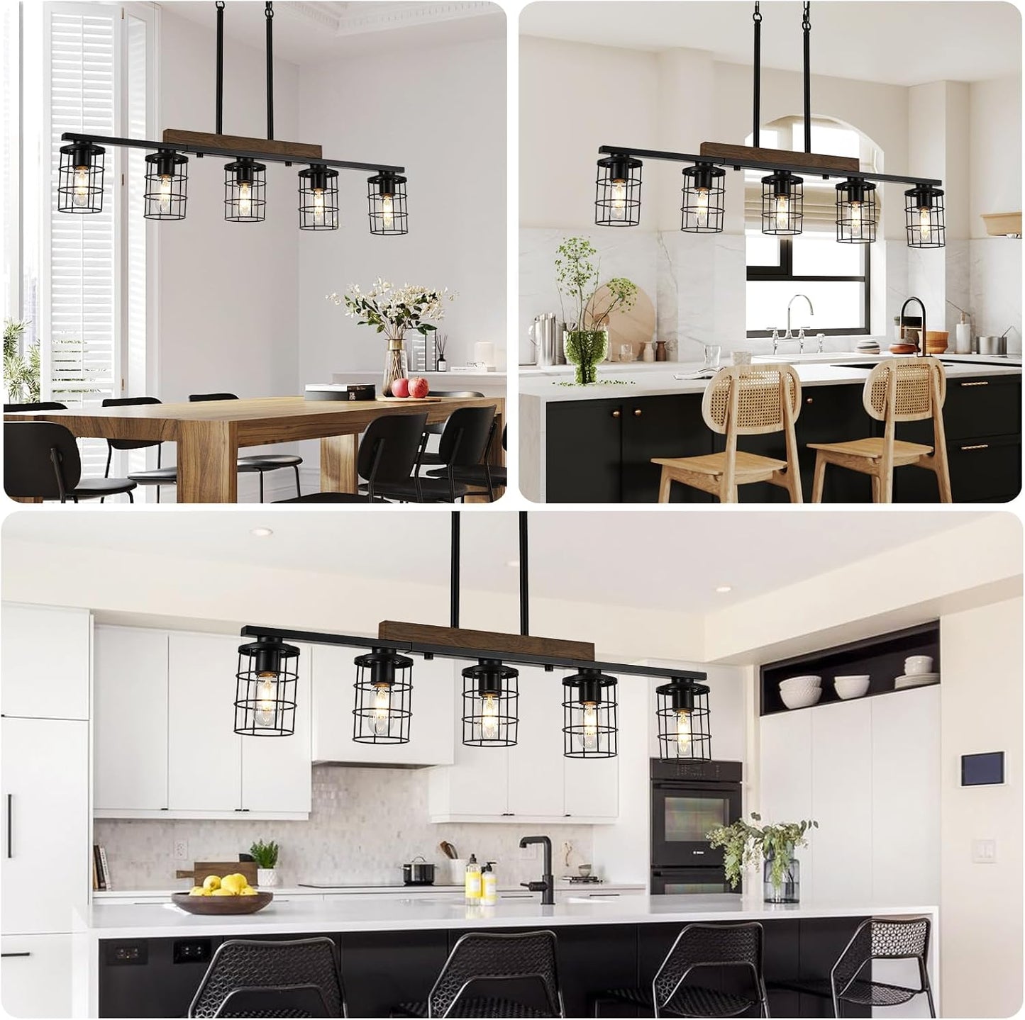 LmnLvn 5-Light Farmhouse Kitchen Light Fixture, Rustic Wood & Metal Cage | Black Hanging Kitchen Chandelier,Adjustable Hanging Height,Ideal Pendant Light over dining table and kitchen island