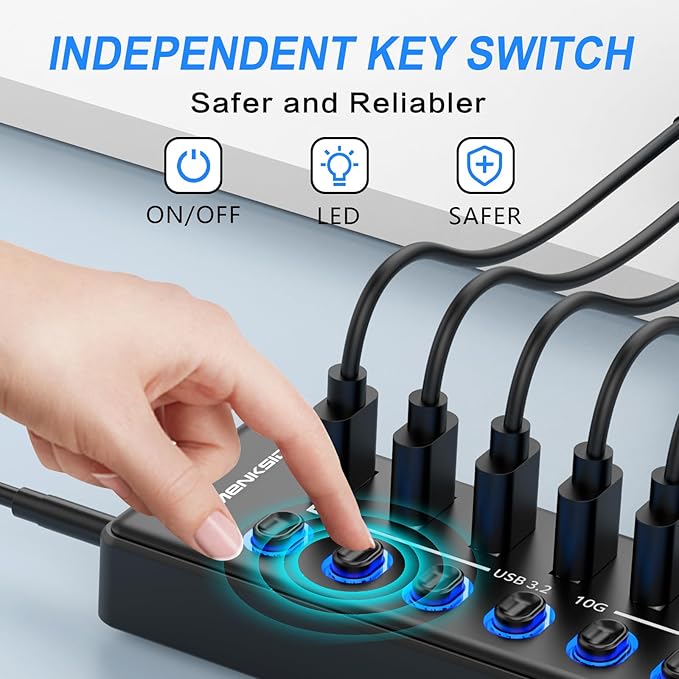 Powered USB Hub, MENKSID 11-Port USB Hub, 7 USB 3.2 Data Transfer Ports + 4 - Image 5