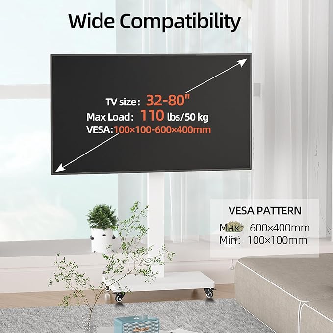 XinleTech Mobile TV Cart Stand for 32-80 Inch TVs, 90°Landscape to Portrait - Image 5