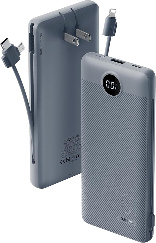 VRURC Portable Charger Built-in Cables and AC Wall Plug, USB C Power Bank by Home