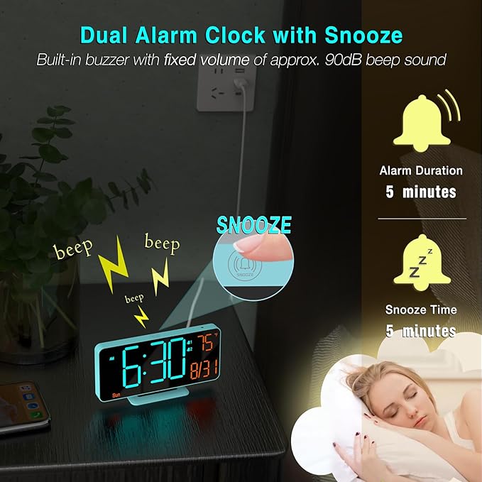 KOSUMOSU Alarm Clocks for Bedrooms, 6.7in Digital Clock, Auto Dimming, Room - Image 6