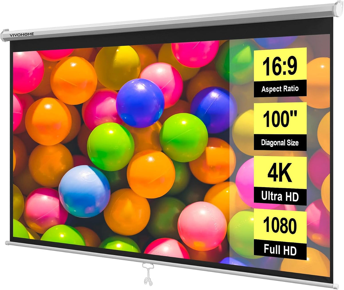 VIVOHOME 100 Inch 16:9 Pull Down Projector Screen, HD 4K Retractable Movie