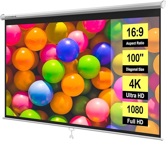 VIVOHOME 100 Inch 16:9 Pull Down Projector Screen, HD 4K Retractable Movie by VIVOHOME