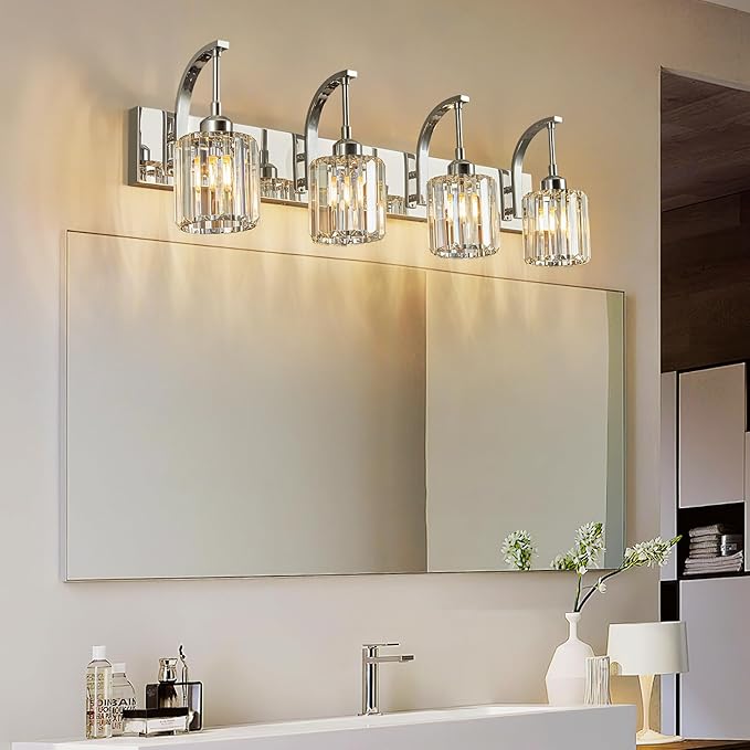 FDPBY 4-Light Crystal Vanity Light, Modern Chrome Bathroom Wall Sconce - Image 7