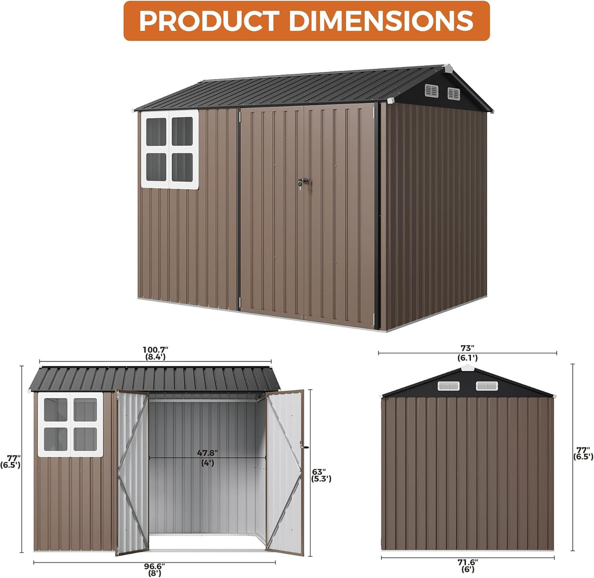 ironck 8x6ft outdoor storage shed with clear window, close-up detail