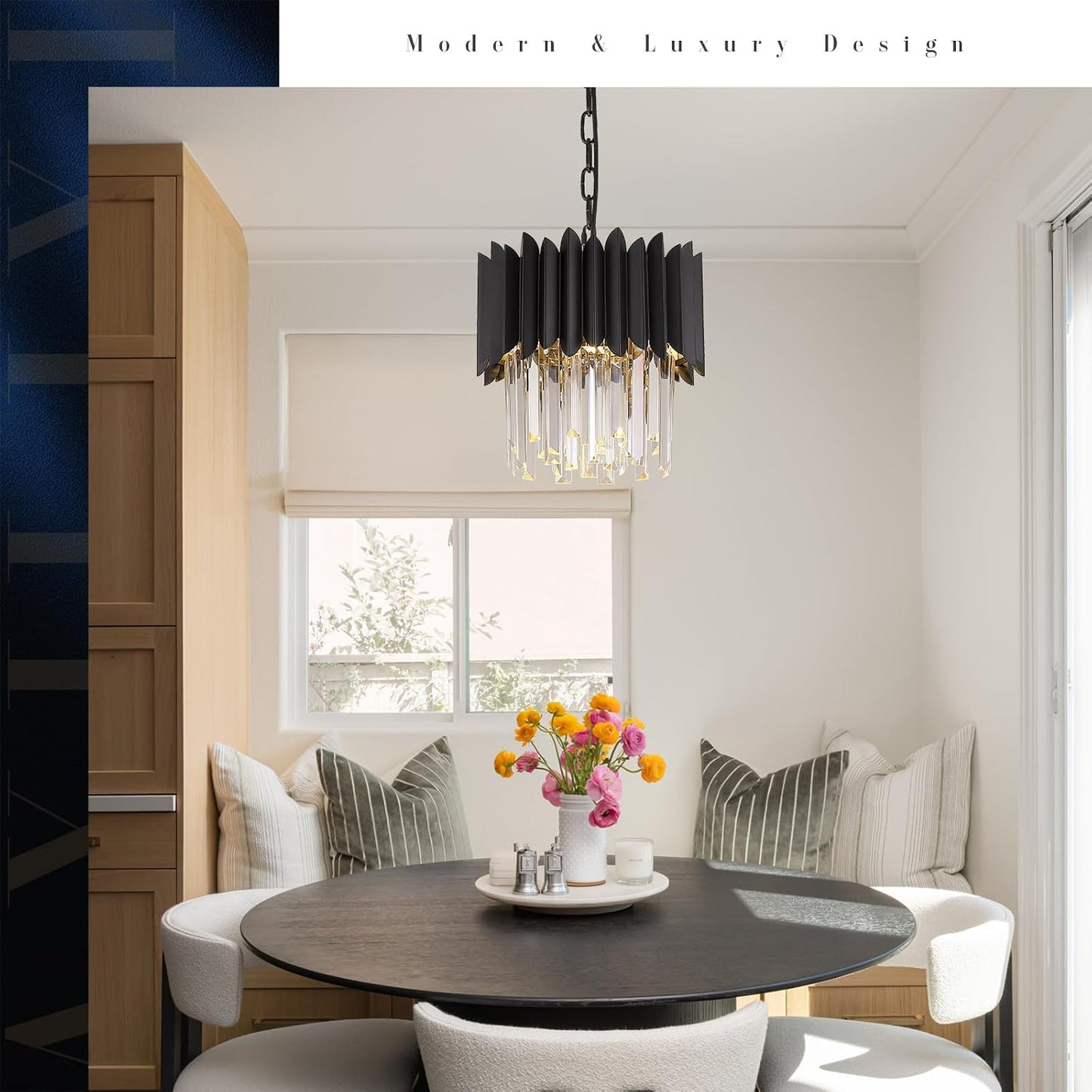 Black Crystal Chandelier Small K9 Crystal Round Pendant Lights 11.8in Adjustable Modern Crystal Ceiling Pendant Light Fixture 3-Lights for Dining Room Living Room Kitchen Foyer Entryway
