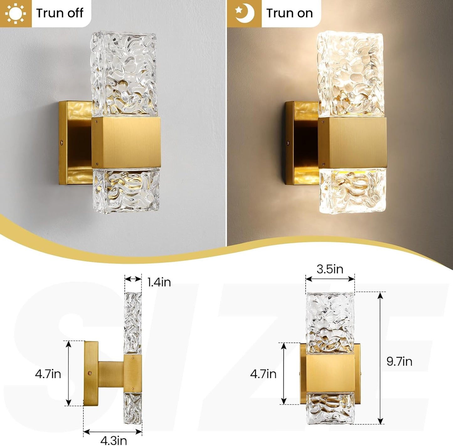 Epinl Gold Sconces Wall Lighting - Crystal Wall Sconces Set of Two Modern Bathroom Vanity Light Fixtures Hardwire Modern 4000K Dimmable LED Wall Mounted Sconces for Hallway Living Room