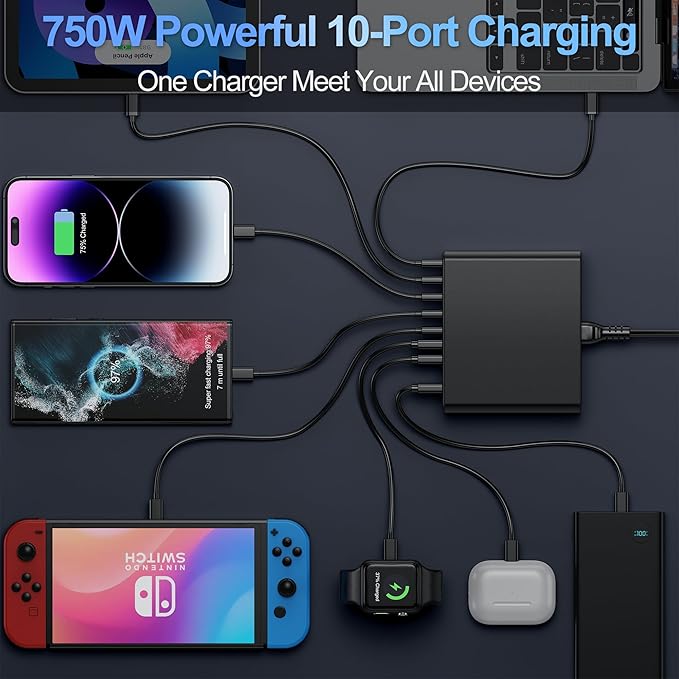 750W USB C Charger Block, 10-Port Charging Station GaN Fast Charging Type C & - Image 4