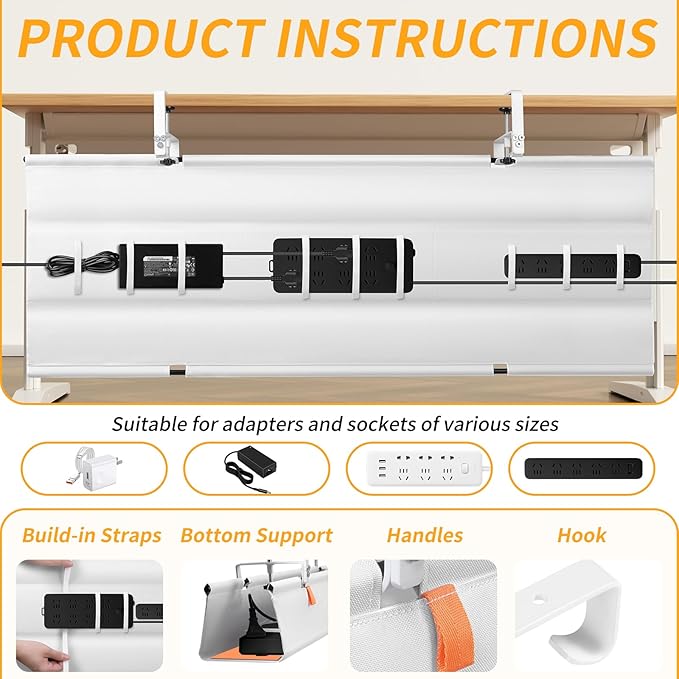 SUREUP9 No Drill Under Desk Cable Management Tray, Fabric Cable Management - Image 5