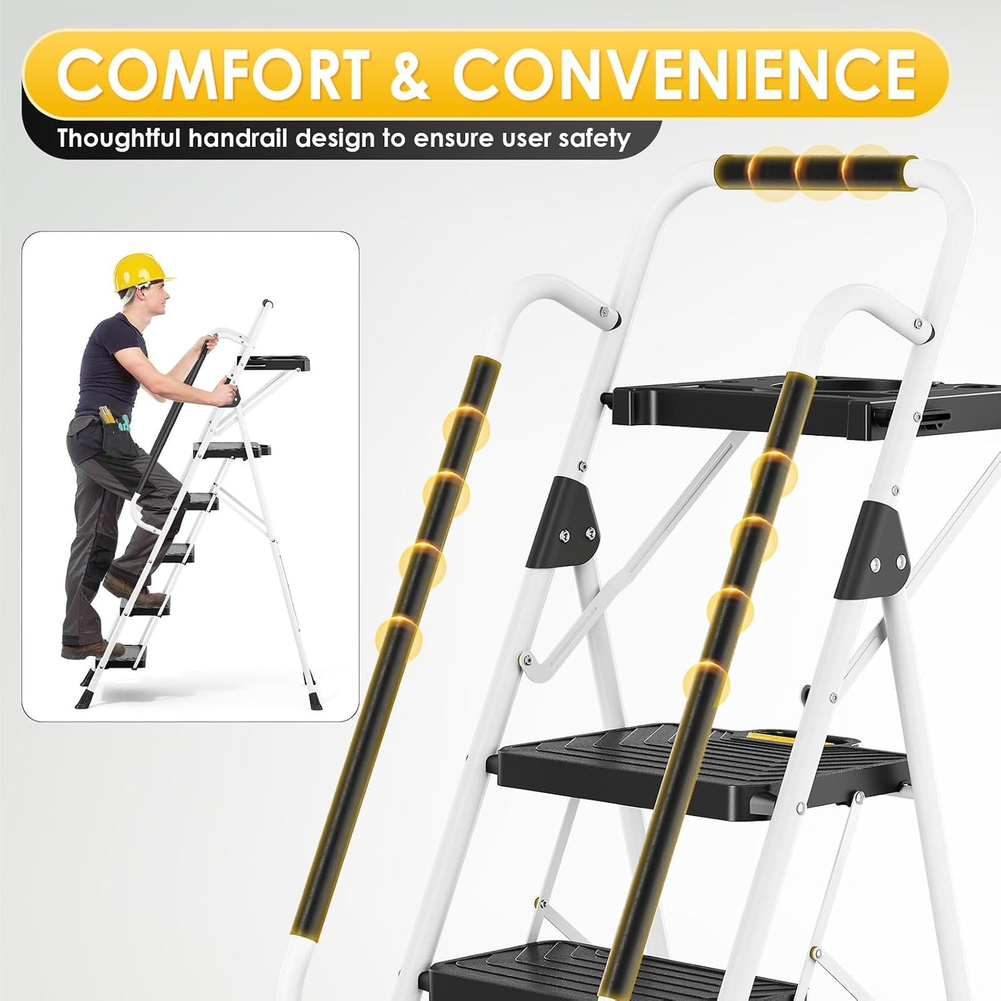 TOOLF 5 Step Ladder with Anti-Slip Wide Pedals, Handrail, Safe-Lock Design | Sturdy Steel Step Stool, Folding Portable Ladder for Multi-Purpose, Home, Kitchen, Pass 800lbs Load Testing, White