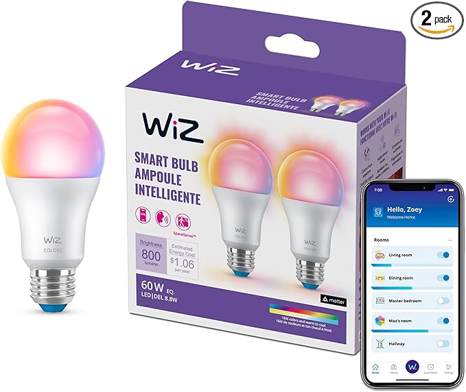 WiZ Connected Smart Light Bulbs, Color A19 60W 800LM E26 Indoor LED Lights by WiZConnectedLighting