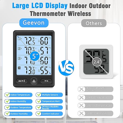 Geevon Indoor Outdoor Thermometer Wireless 3 Remote Sensors, 5-Inch Display - Image 5