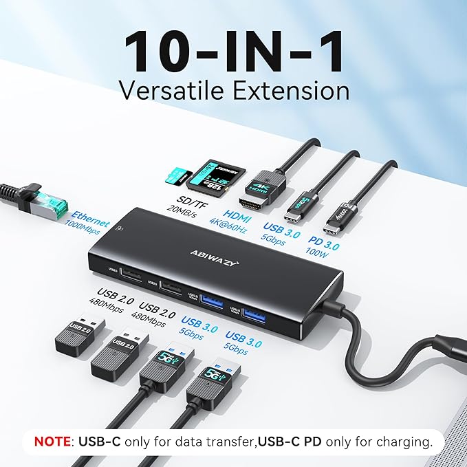 USB C Hub Multiport Adapter, ABIWAZY 10 in 1 USBC to Ethernet Adapter - Image 2