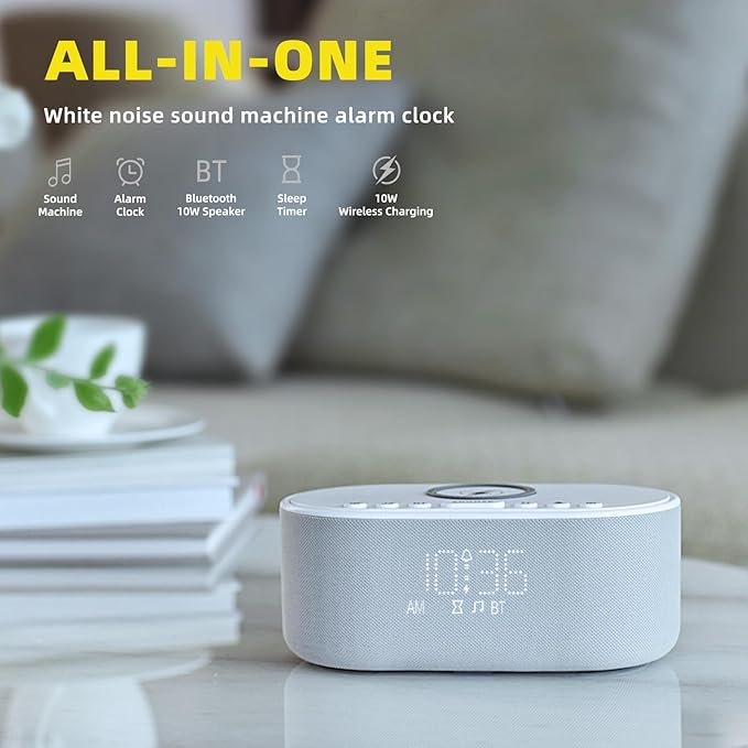Sound Machine Alarm Clock Wireless Charger: Bluetooth 10W Stereo Sound Speaker - Image 2