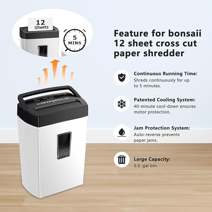 Bonsaii 12-Sheet Cross-Cut Paper Shredder, P-4 Security, Credit Card & Document - Image 6