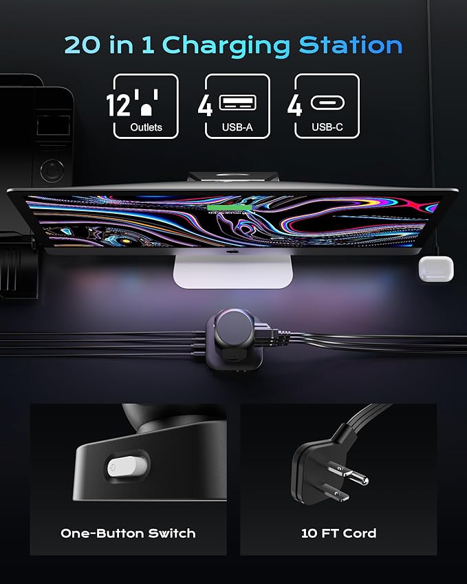 Tower Surge Protector Power Strip, Flat Plug 10FT Extension Cord - Image 2