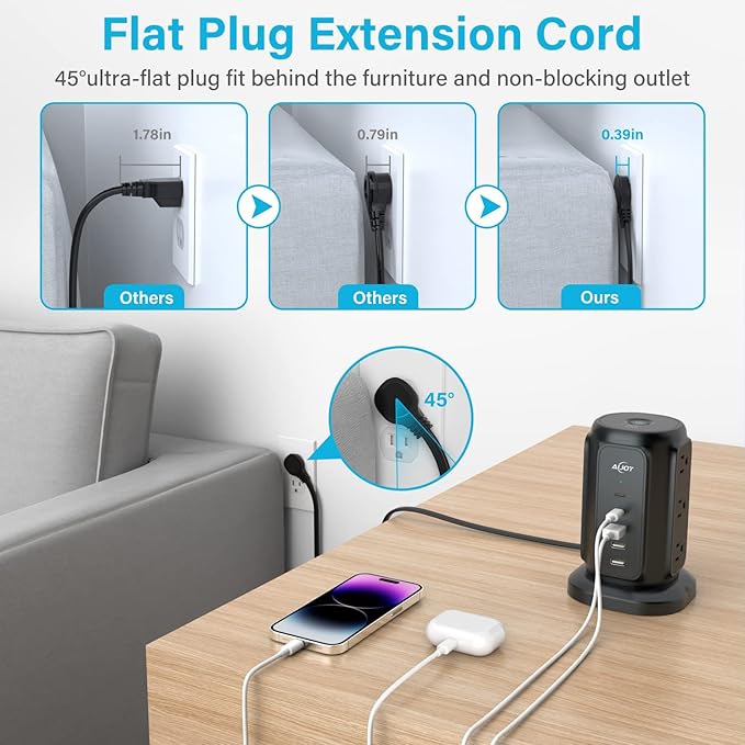 AiJoy Power Strip Tower with 9 AC Outlets and 5 USB Ports, Flat Plug 1625W - Image 3