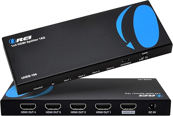 OREI HDMI Splitter 1 in 4 Out – 1x4 4K@60Hz HDMI 2.0 UHD Powered 4-Port HDMI by OREI