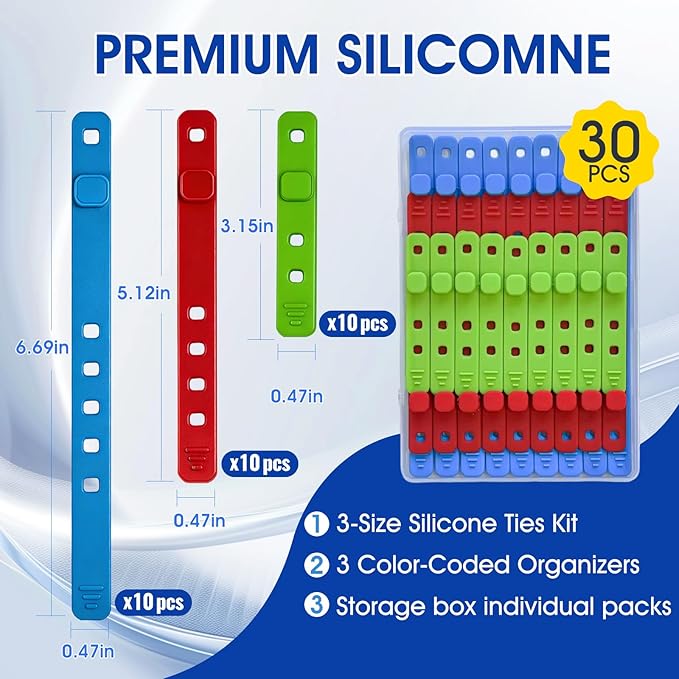 AROIC 30Pcs Reusable Silicone Cable Ties, 3-Size Adjustable Cord Organizer Set - Image 2