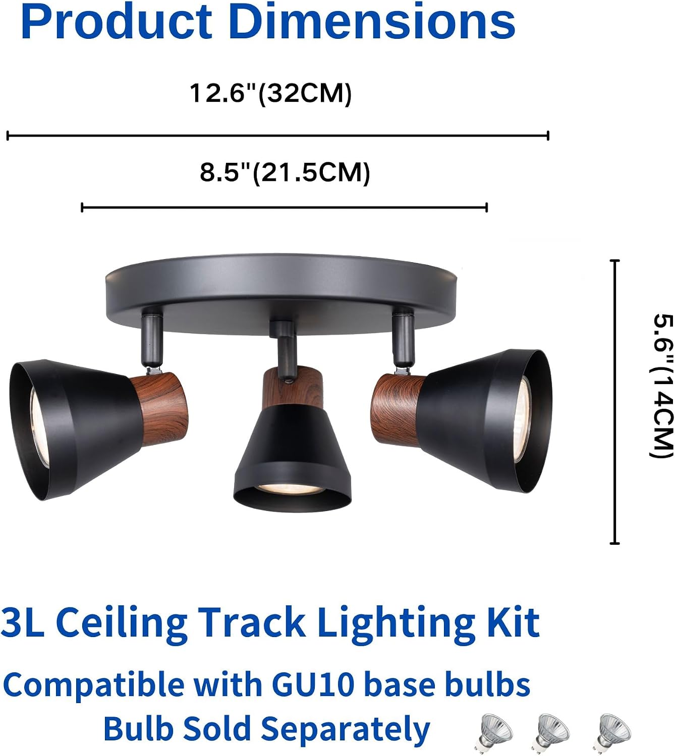 3-Light Modern Track Lighting Kit Black Faux Wood Accent,Adjustable GU10 Flush Mount Ceiling Fixture Pivot Multi-Directional Round Spotlight for Kitchen Bedroom Living Room Home Improvement