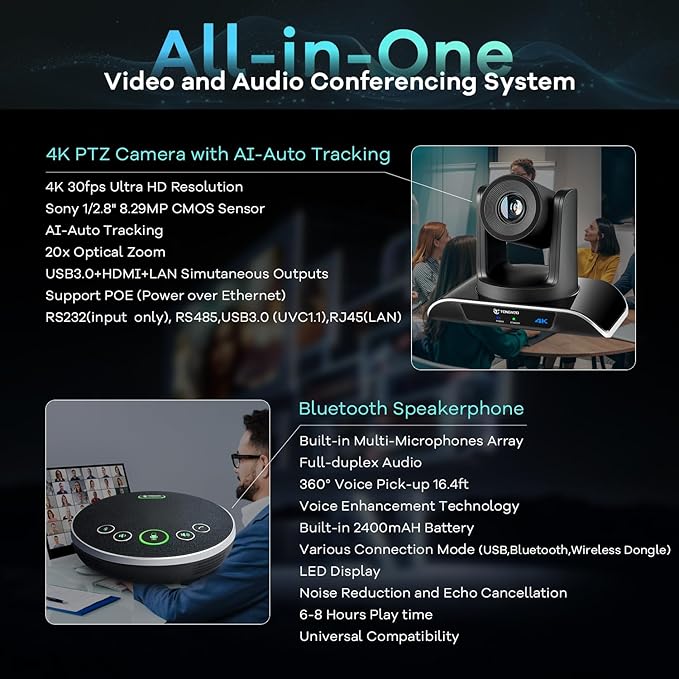 TONGVEO 4K PTZ Conference Room Camera System AI Auto-Tracking 20x Zoom 4K PTZ - Image 2