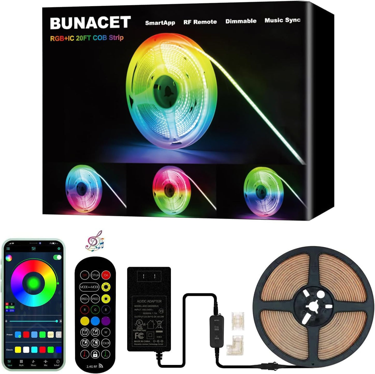 BUNACET 20FT LED Strip Lights COB Smart IC, 24V RGB LED Lights
