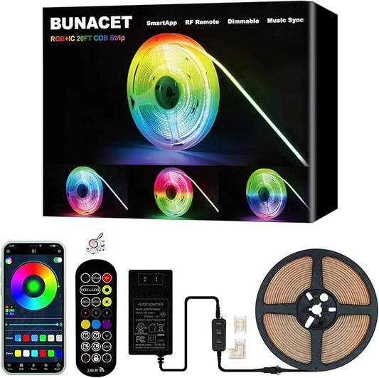 BUNACET 20FT LED Strip Lights COB Smart IC, 24V RGB LED Lights by BUNACET