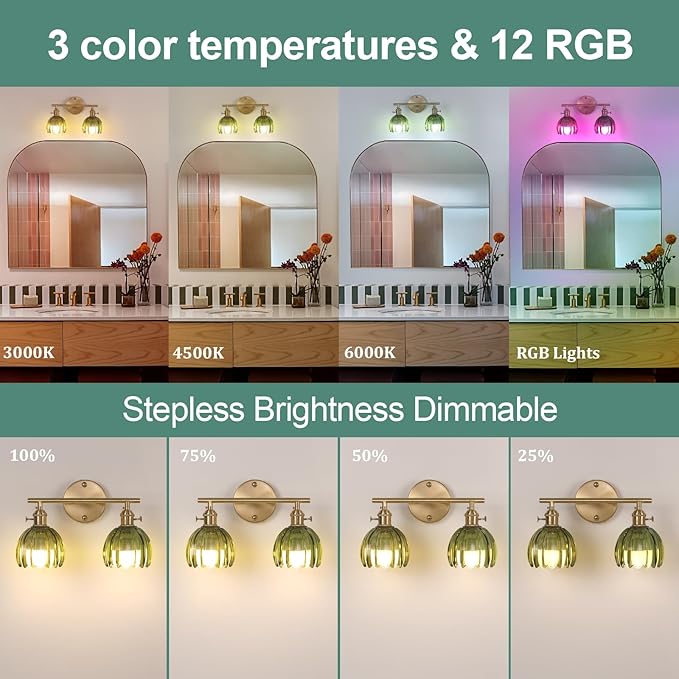 Shenmoyl Battery Operated Bathroom Light Fixtures, 2-Light Brass Vanity Wall - Image 4