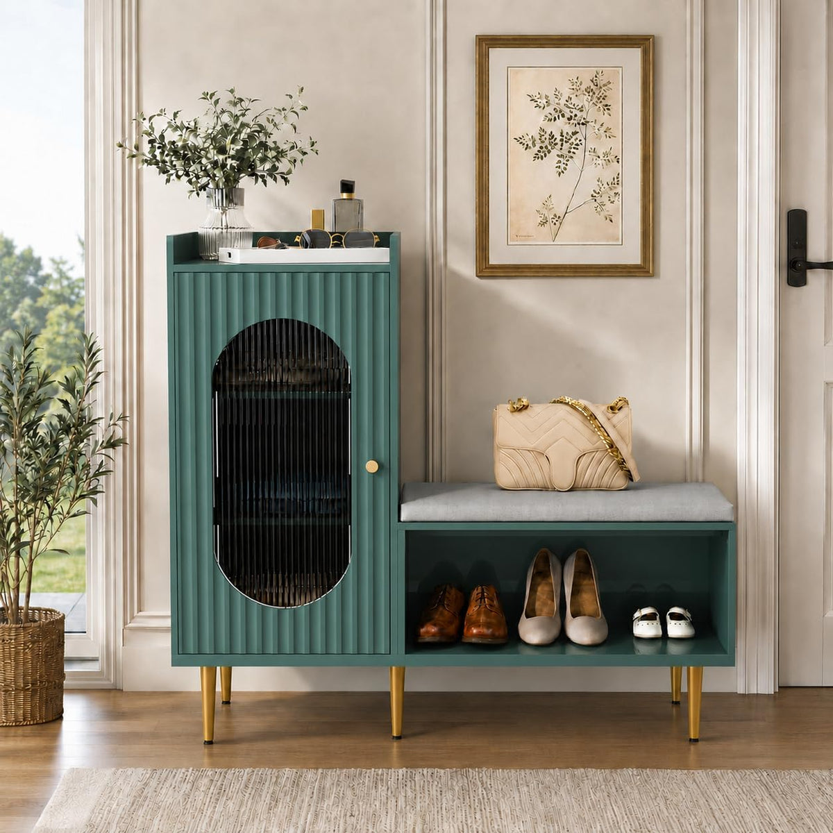 hlr shoe storage bench with glass door&shelf, l-shaped, main product view